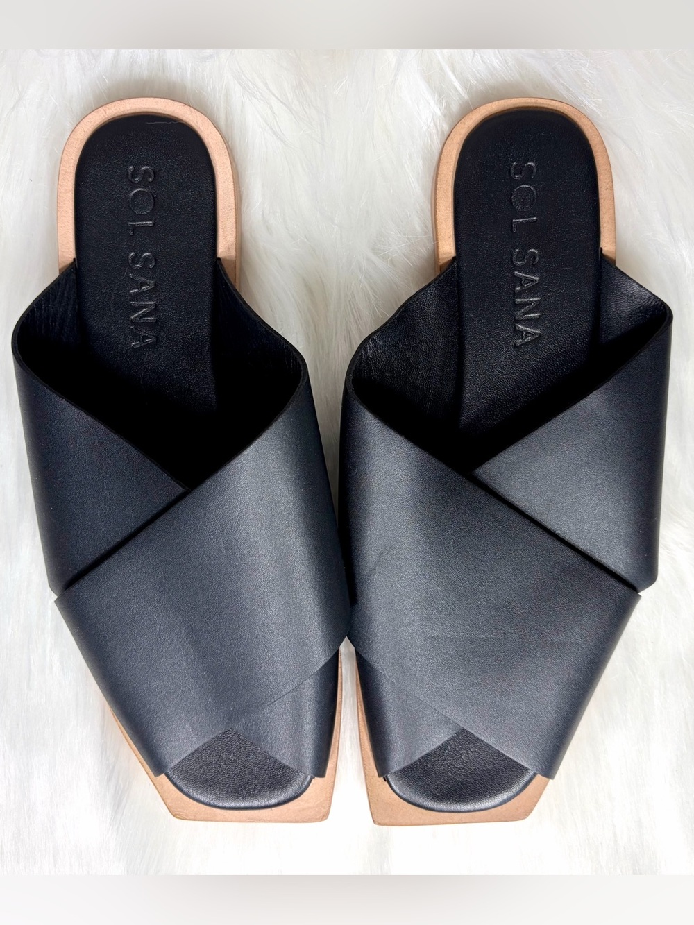 SOL SANA Black Crossband Leather Mules w/Natural Tan Sole